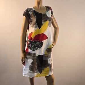 Terzo Millennio Italy Abstract Print Linen Shift Dress Size M Cap Sleeve Pockets